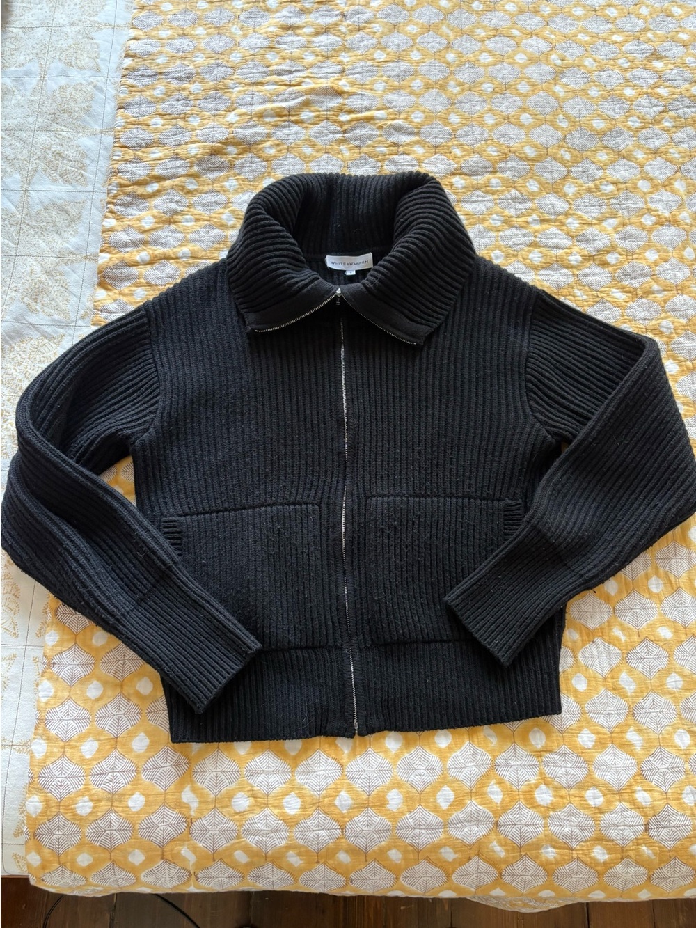 White & Warren Black Ribbed Zip Cardigan with Kangaroo pockets